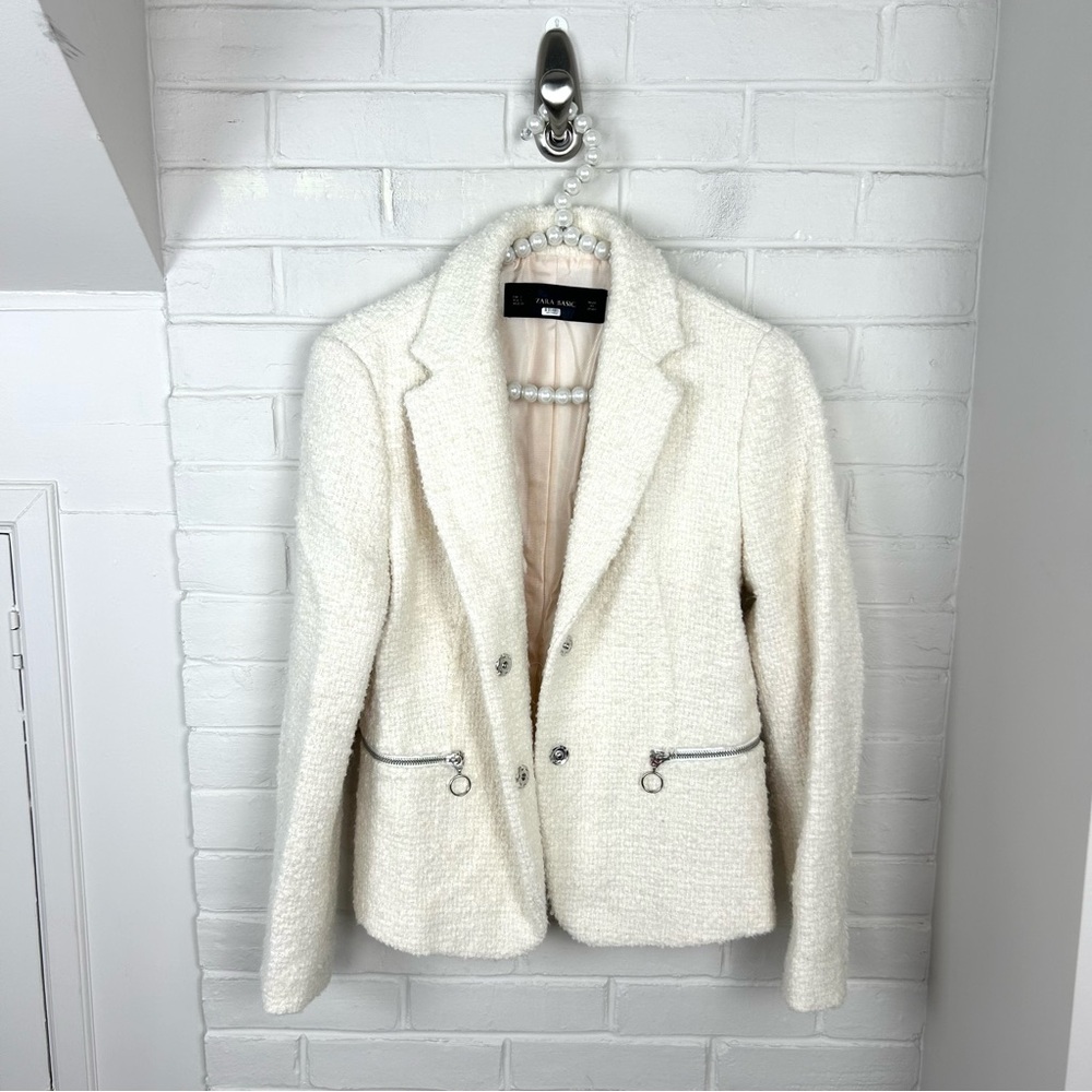Zara Basic Tweed Knit Cream White Blazer Jacket Size S